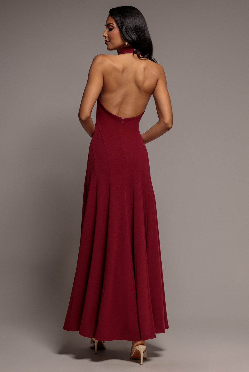 Halterneck Cowl Neck Backless Scuba Crepe Maxi Dress - Burgundy DR5148