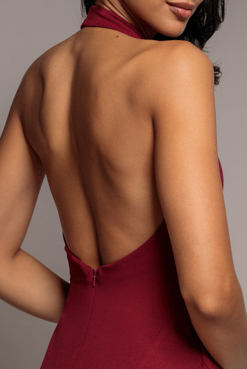 Halterneck Cowl Neck Backless Scuba Crepe Maxi Dress - Burgundy DR5148