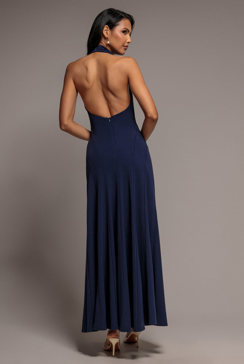 Halterneck Cowl Neck Backless Scuba Crepe Maxi Dress - Navy Blue DR5148