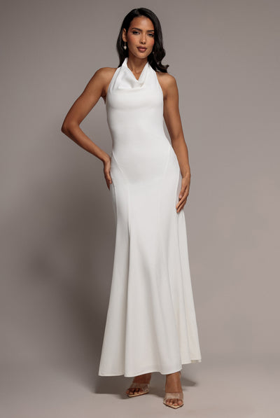 White - Halterneck Cowl Neck Backless Scuba Crepe Maxi Dress - White by Goddiva