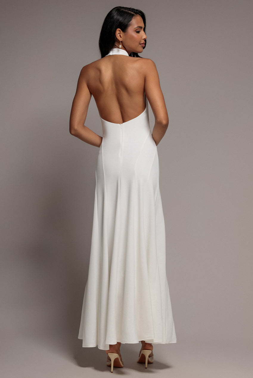 Halterneck Cowl Neck Backless Scuba Crepe Maxi Dress - White DR5148