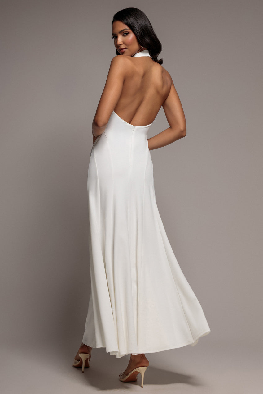 Halterneck Cowl Neck Backless Scuba Crepe Maxi Dress - White DR5148