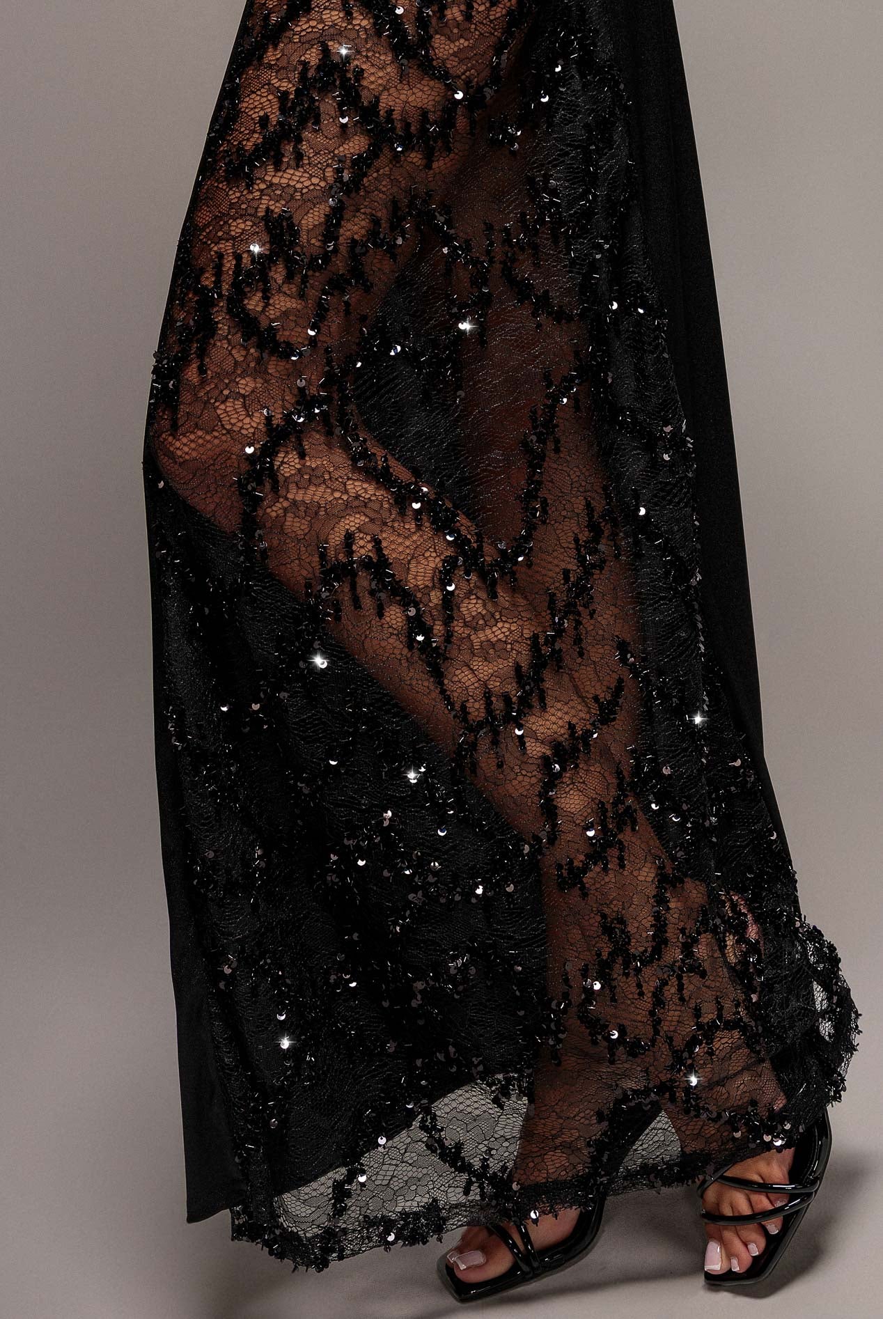 Lace Inserted Asymmetric One Shoulder Satin Maxi Dress - Black DR5152