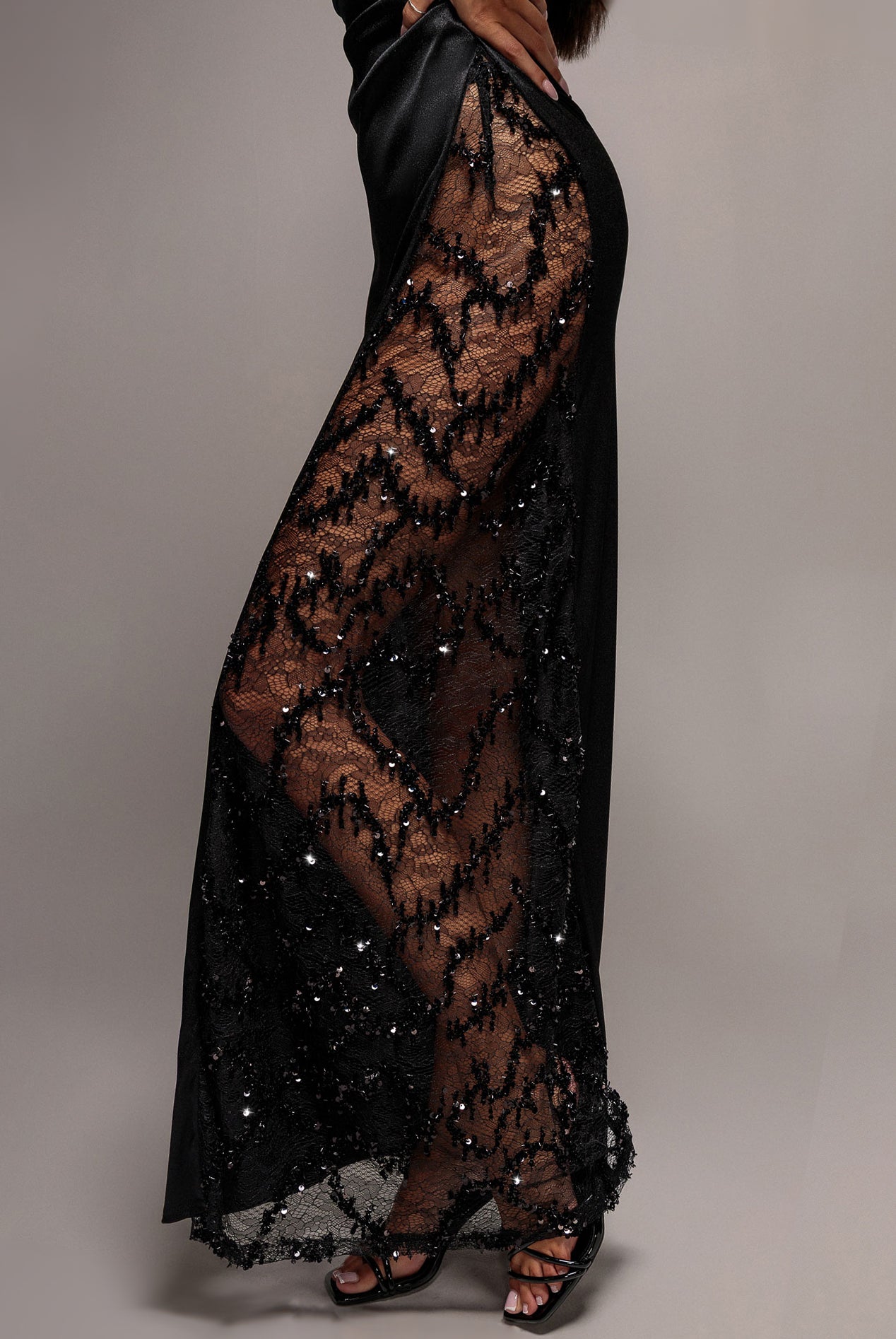 Lace Inserted Asymmetric One Shoulder Satin Maxi Dress - Black DR5152