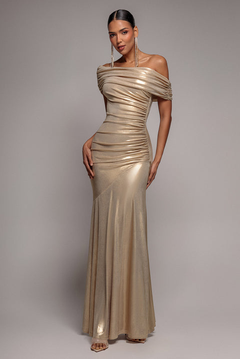 Foil Pleated One Shoulder Bardot Fit And Flare Maxi Dress - Gold by Goddiva
