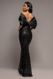 Satin Bow Back Off The Shoulder Sequin Maxi Dress - Black by Goddiva