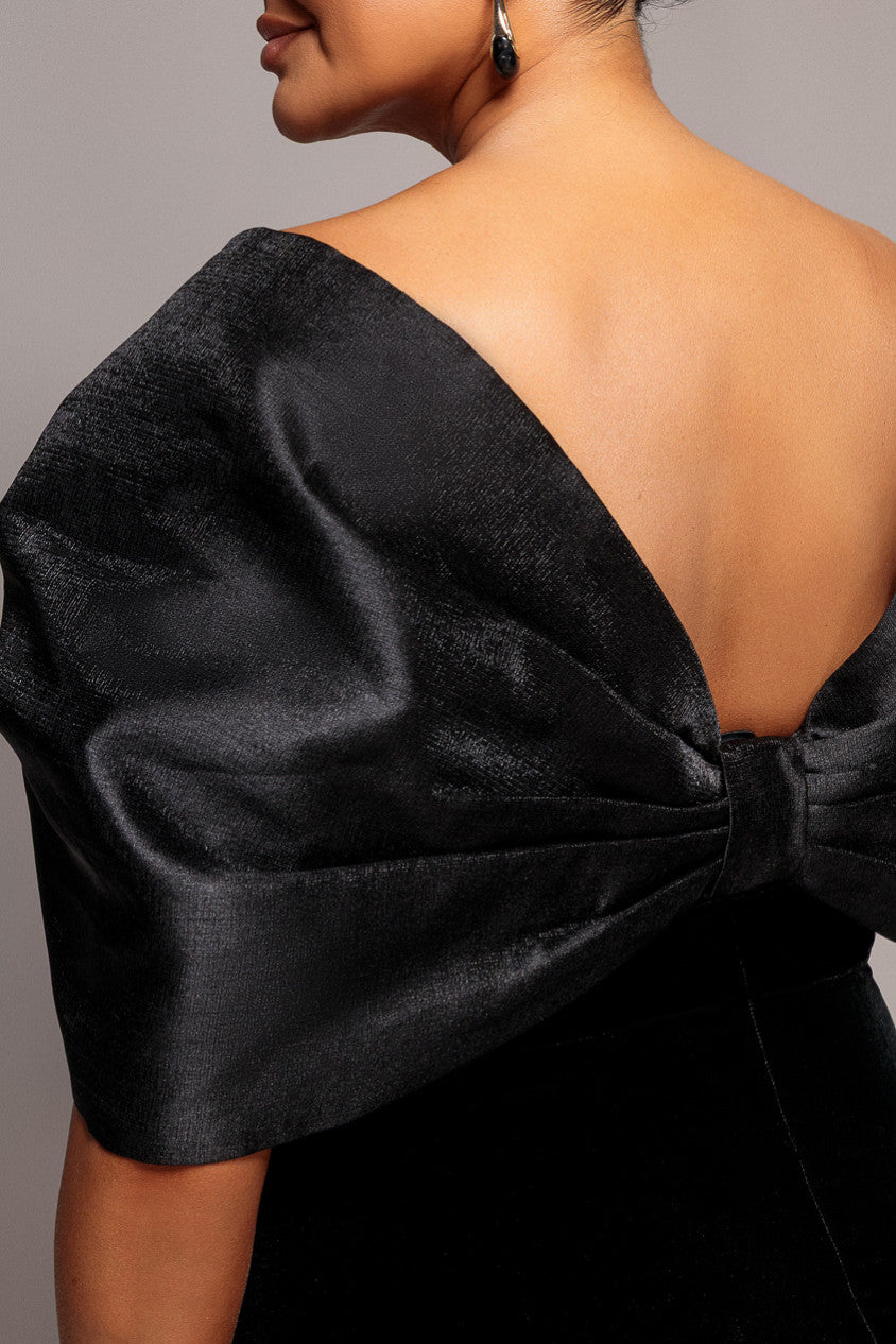 Off Shoulder Velvet Maxi Dress With Textured Satin Back Bow - Black DR5161PLUS