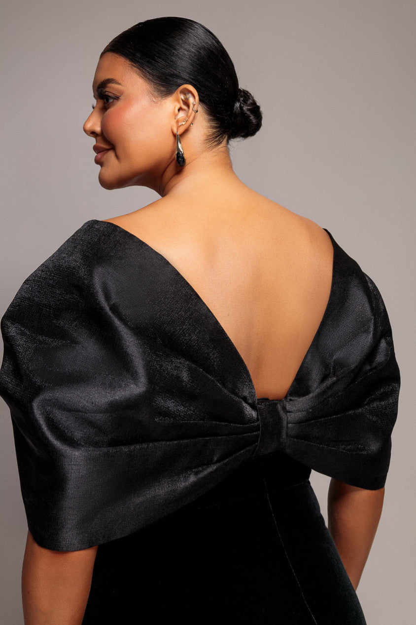 Off Shoulder Velvet Maxi Dress With Textured Satin Back Bow - Black DR5161PLUS
