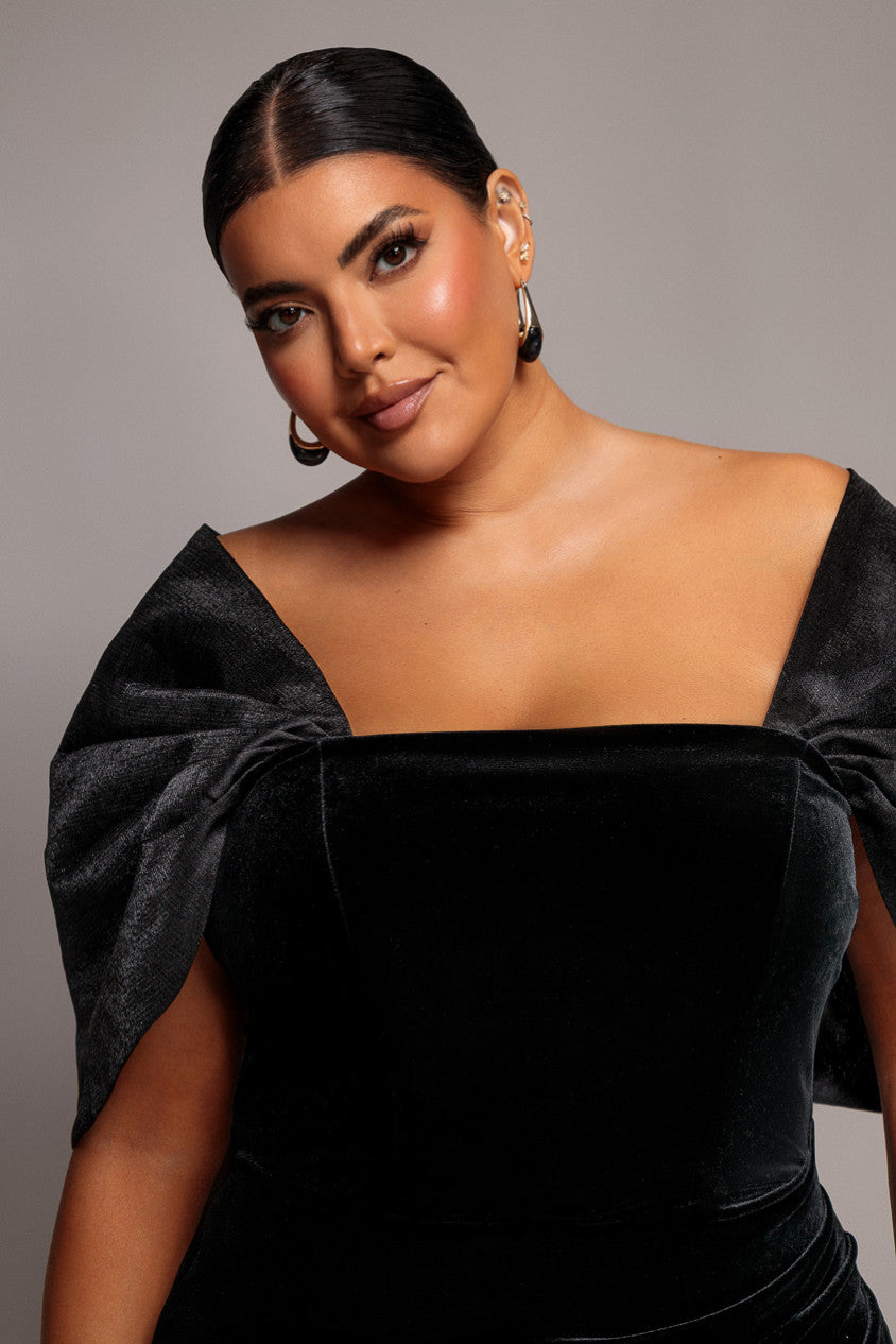 Off Shoulder Velvet Maxi Dress With Textured Satin Back Bow - Black DR5161PLUS