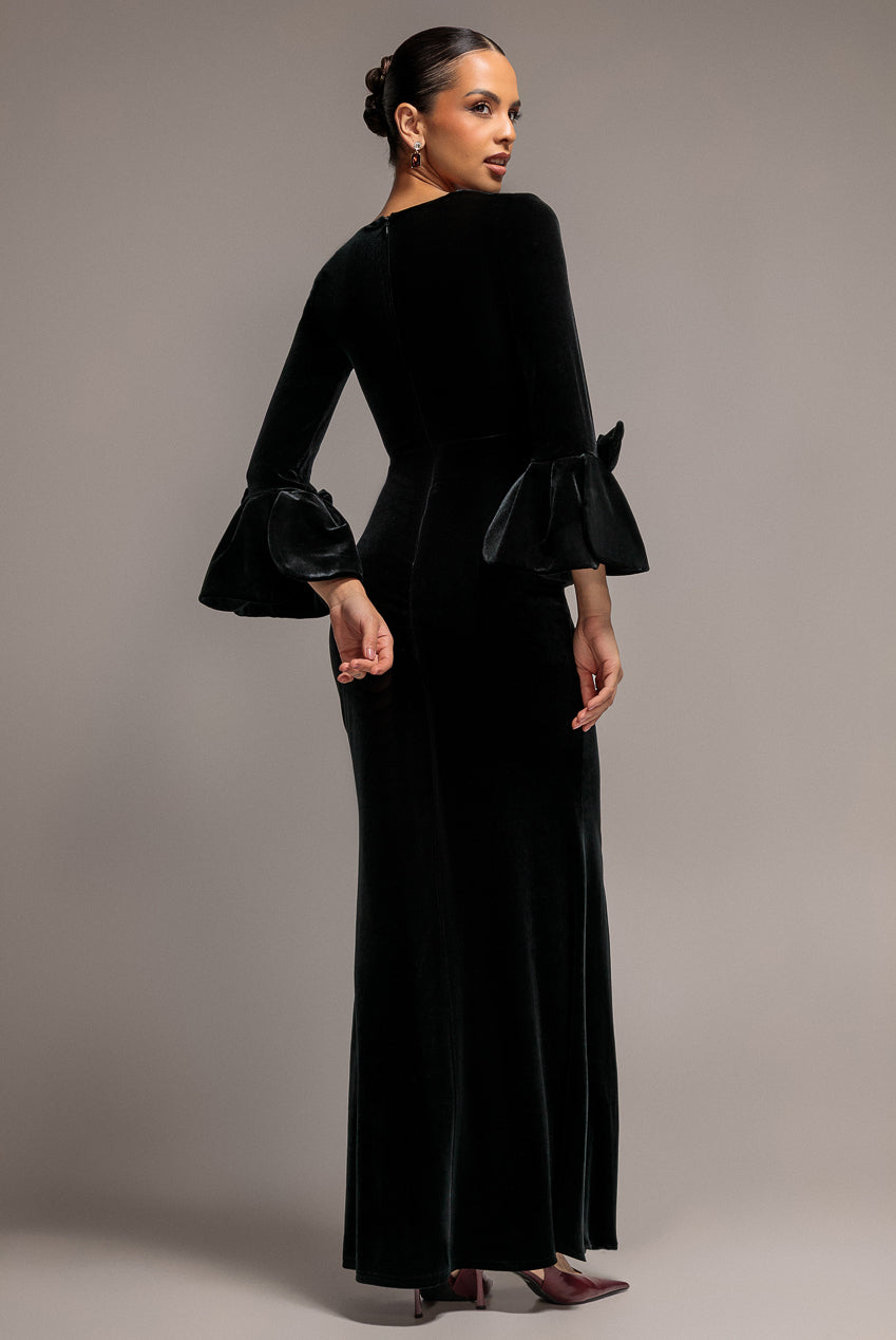 Petal Bow Sleeve Frill Velvet Maxi Dress - Black DR5164
