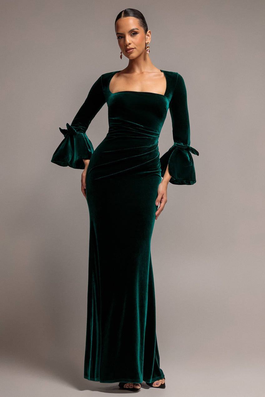 Petal Bow Sleeve Frill Velvet Maxi Dress - Emerald Green DR5164