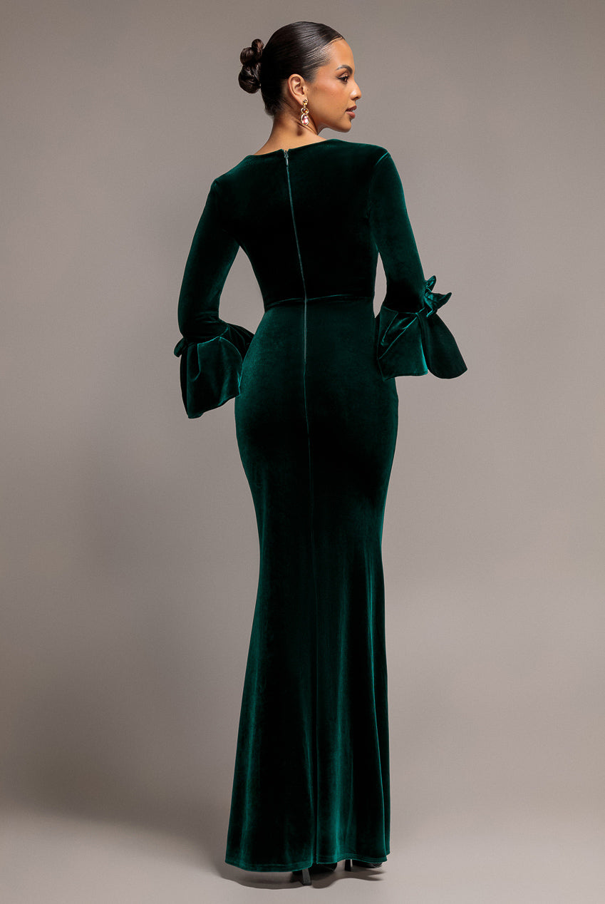 Petal Bow Sleeve Frill Velvet Maxi Dress - Emerald Green DR5164