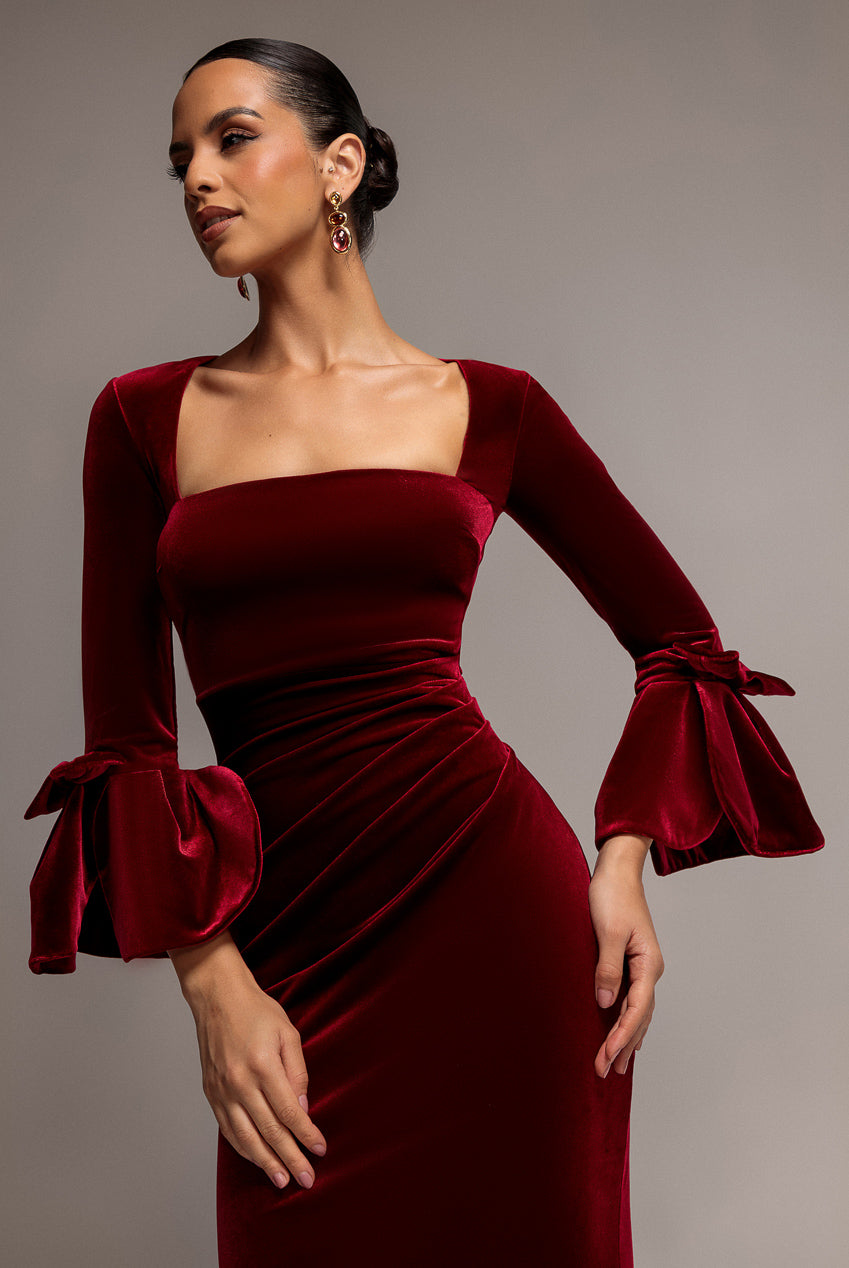 Petal Bow Sleeve Frill Velvet Maxi Dress - Wine DR5164