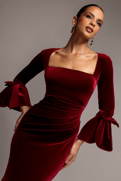 Petal Bow Sleeve Frill Velvet Maxi Dress - Wine by Goddiva