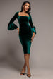 Petal Bow Sleeve Frill Velvet Midi Dress - Emerald Green by Goddiva