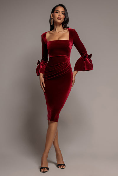 Petal Bow Sleeve Frill Velvet Midi Dress - Wine by Goddiva