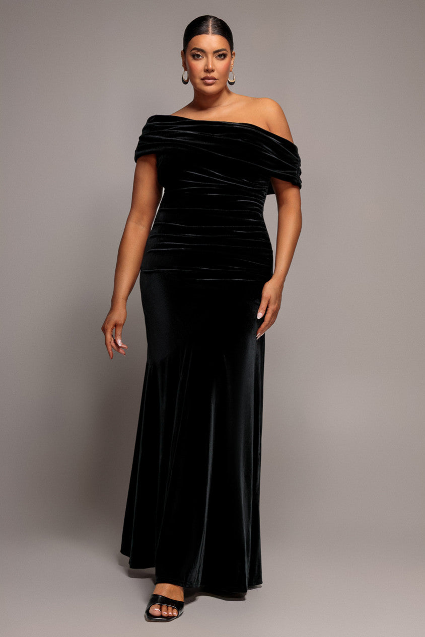 Velvet One Shoulder Fit And Flare Maxi Dress - Black DR5166PLUS