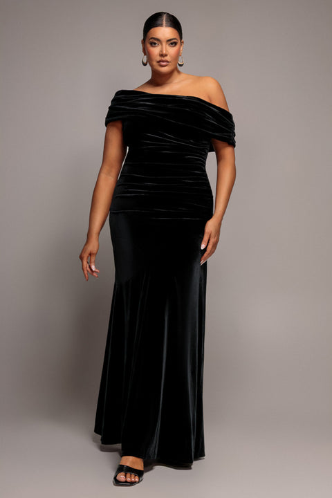 Velvet One Shoulder Fit And Flare Maxi Dress - Black by Goddiva Plus