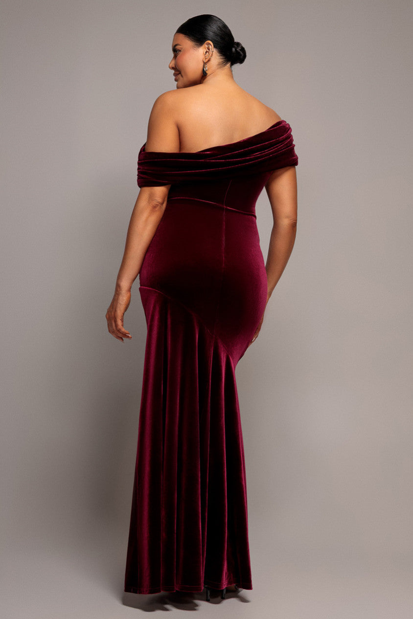 Velvet One Shoulder Fit And Flare Maxi Dress - Burgundy DR5166PLUS