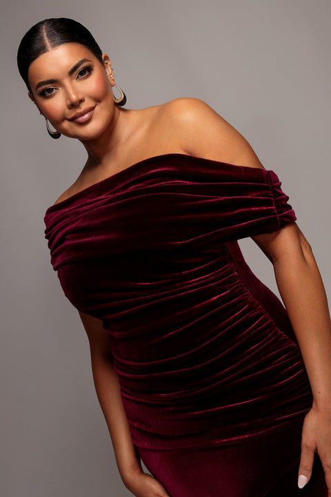 Velvet One Shoulder Fit And Flare Maxi Dress - Burgundy by Goddiva Plus