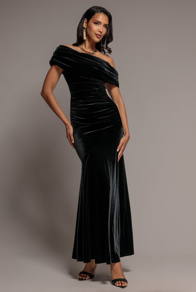 Black - Velvet One Shoulder Bardot Fit And Flare Maxi Dress - Black by Goddiva