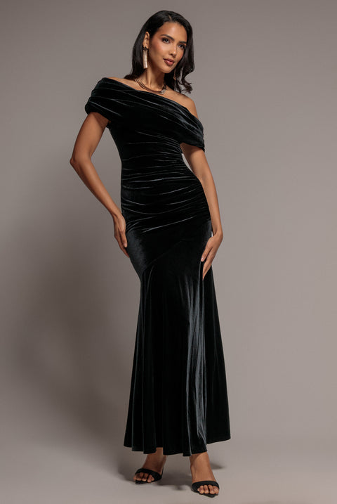 Velvet One Shoulder Bardot Fit And Flare Maxi Dress - Black by Goddiva