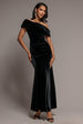 Velvet One Shoulder Bardot Fit And Flare Maxi Dress - Black by Goddiva