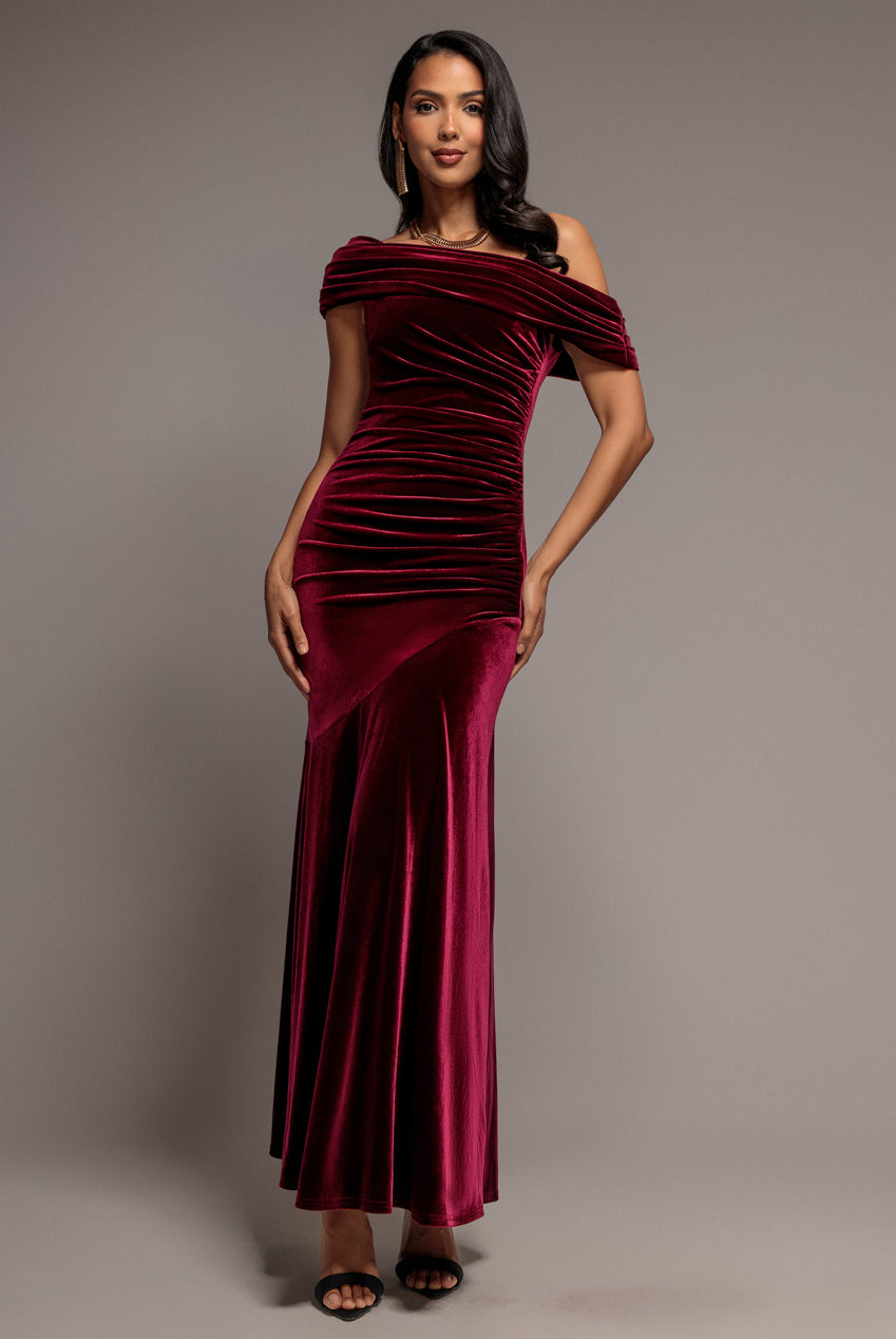Velvet One Shoulder Bardot Fit And Flare Maxi Dress - Burgundy DR5166