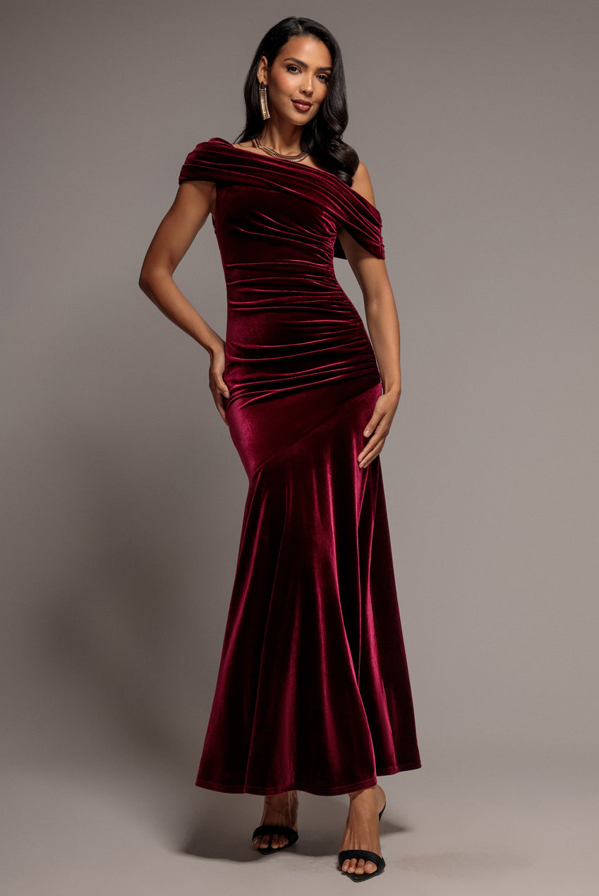 Velvet One Shoulder Bardot Fit And Flare Maxi Dress - Burgundy DR5166