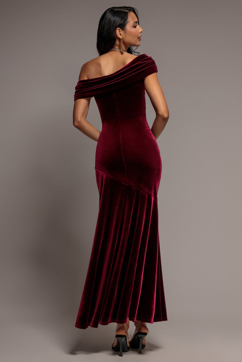 Velvet One Shoulder Bardot Fit And Flare Maxi Dress - Burgundy DR5166
