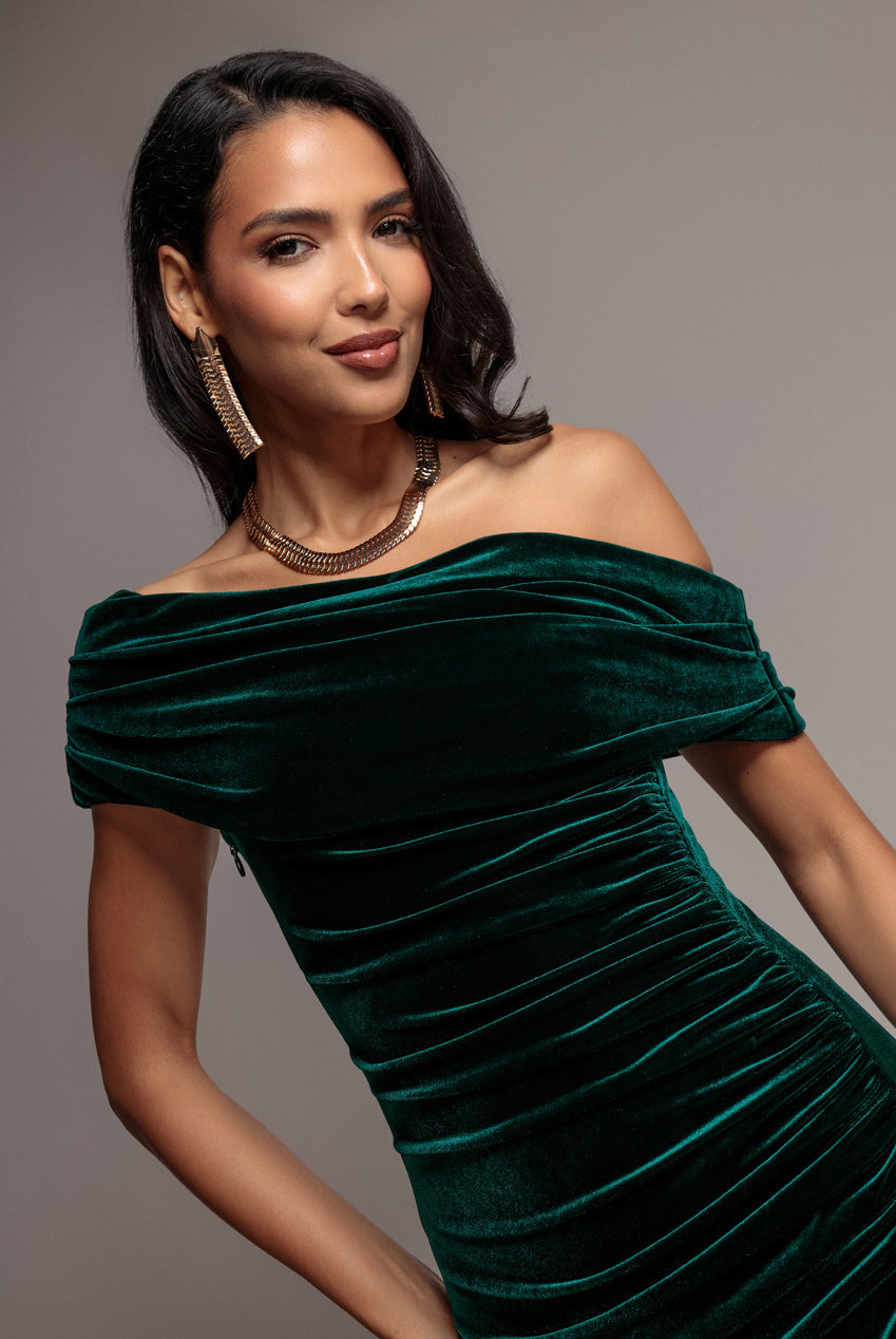 Velvet One Shoulder Bardot Fit And Flare Maxi Dress - Emerald Green DR5166