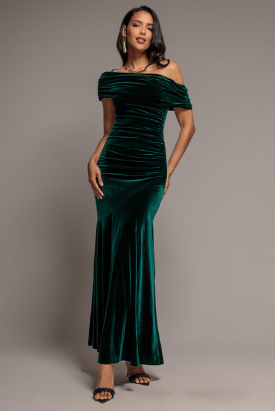 Emerald Green - Velvet One Shoulder Bardot Fit And Flare Maxi Dress - Emerald Green by Goddiva