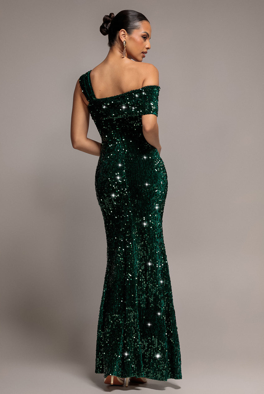 Asymmetric Off Shoulder Pleated Waist Maxi Dress - Emerald Green DR5171