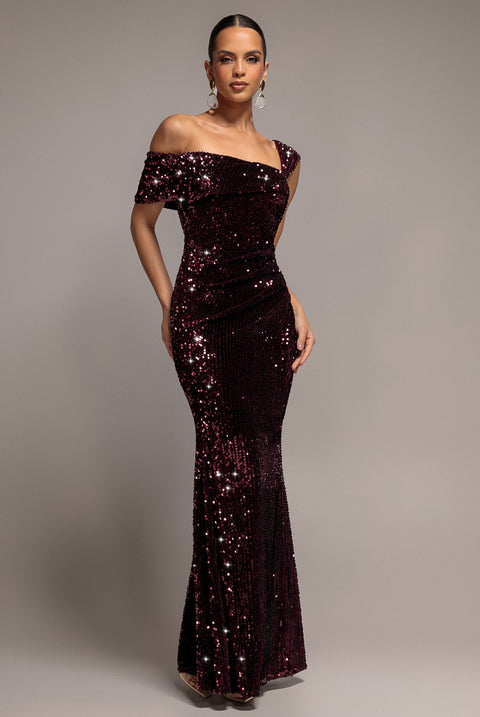 Asymmetric Off Shoulder Pleated Waist Maxi Dress - Plum by Goddiva