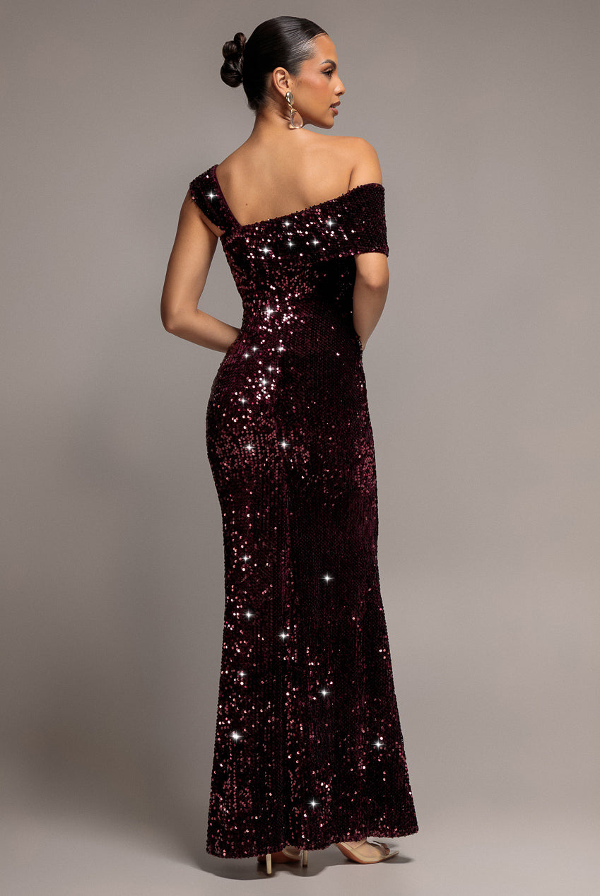 Asymmetric Off Shoulder Pleated Waist Maxi Dress - Plum DR5171