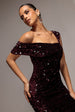 Asymmetric Off Shoulder Pleated Waist Maxi Dress - Plum by Goddiva