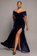 Plain Velvet Off Shoulder Pleated Maxi Dress - Indigo by Goddiva Plus
