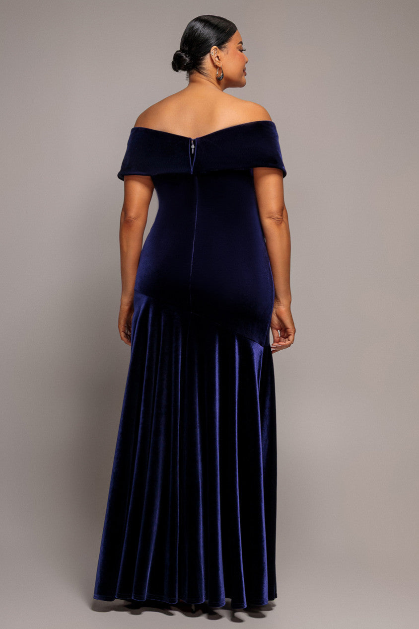 Plain Velvet Off Shoulder Pleated Maxi Dress - Indigo DR5187PLUS