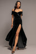 Velvet Off Shoulder  Pleated A Line Maxi Dress - Black by Goddiva