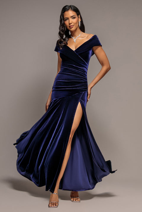 Velvet Off Shoulder  Pleated A Line Maxi Dress - Indigo by Goddiva