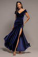 Velvet Off Shoulder  Pleated A Line Maxi Dress - Indigo by Goddiva