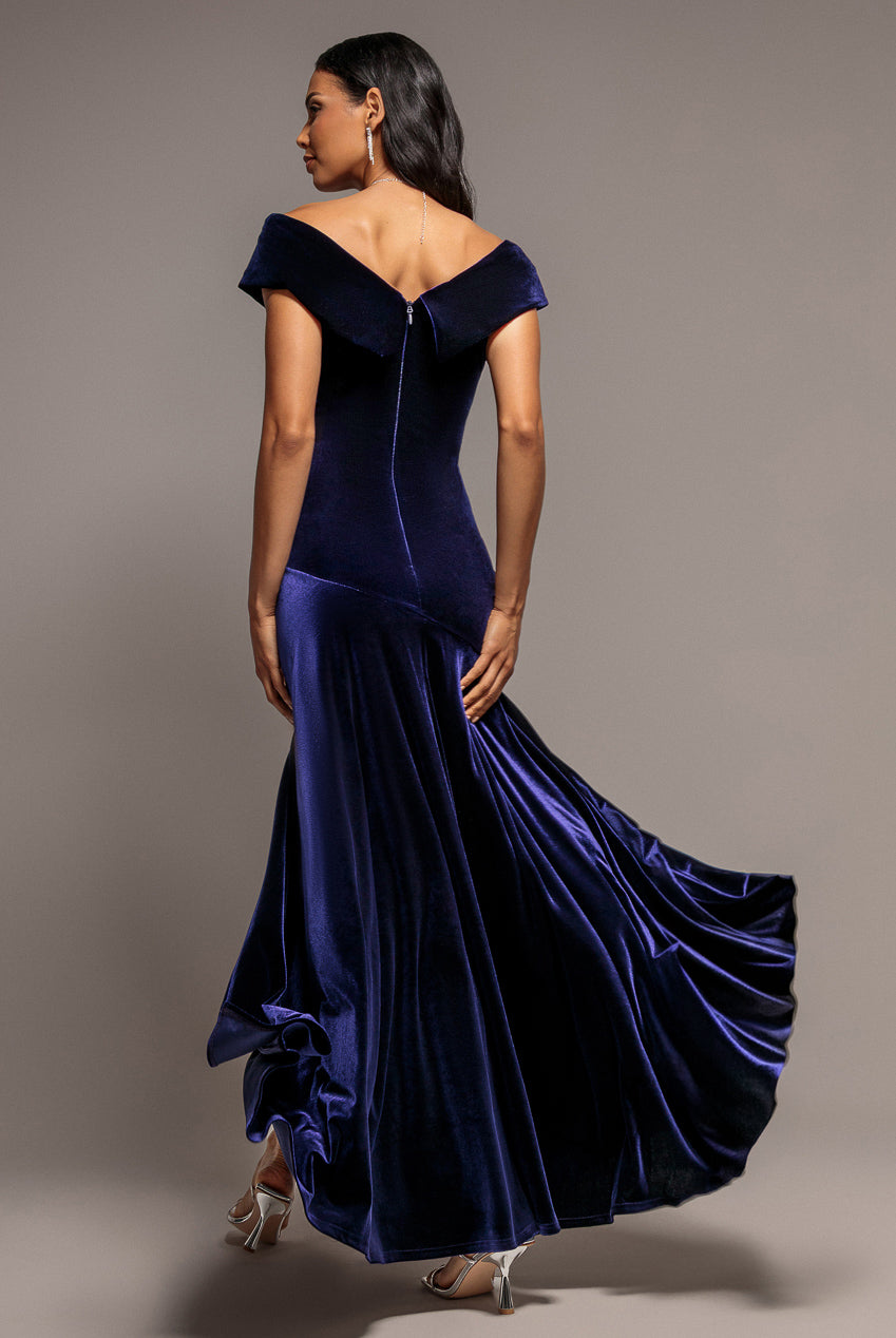 Velvet Off Shoulder  Pleated A Line Maxi Dress - Indigo DR5187
