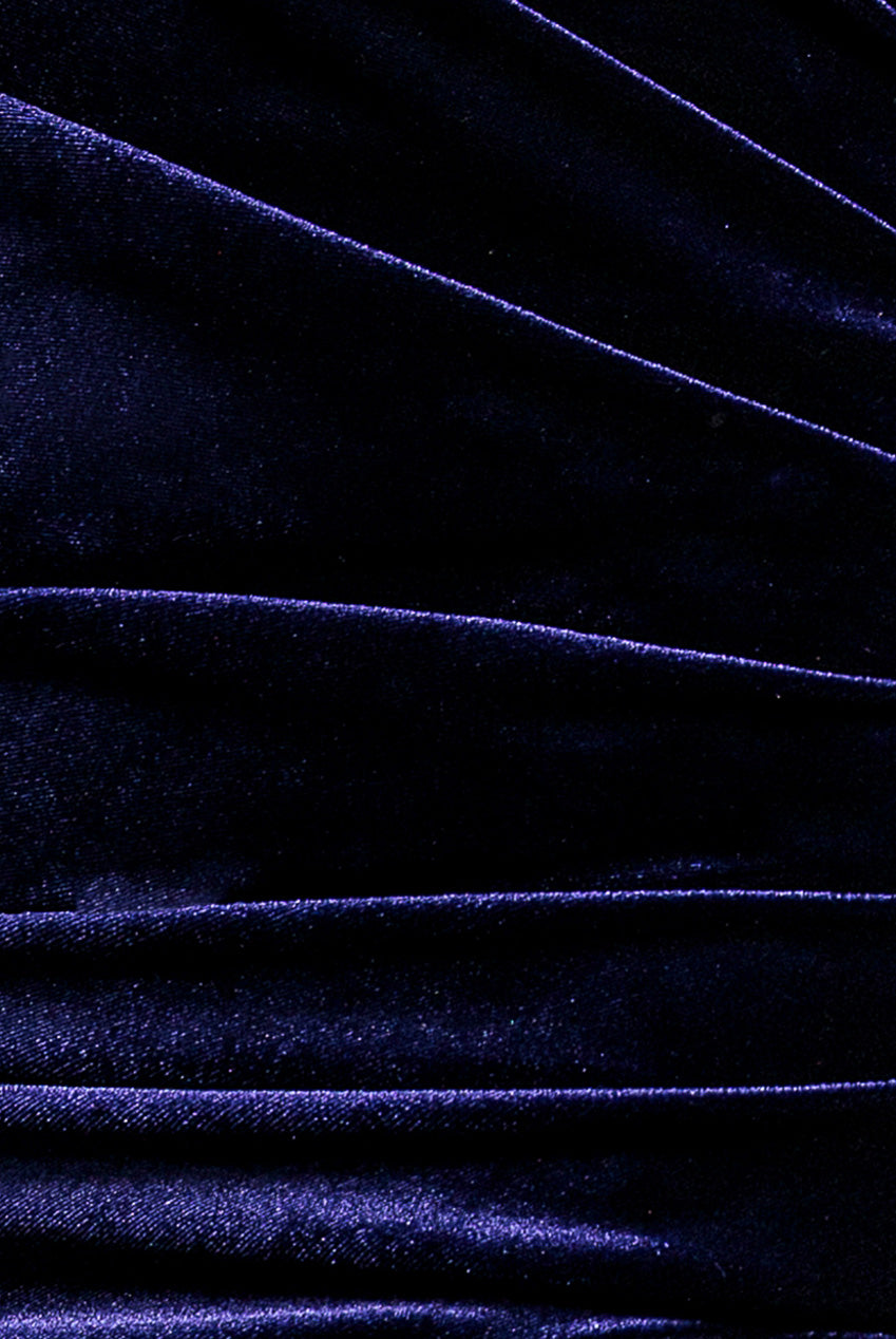 Velvet Off Shoulder  Pleated A Line Maxi Dress - Indigo DR5187