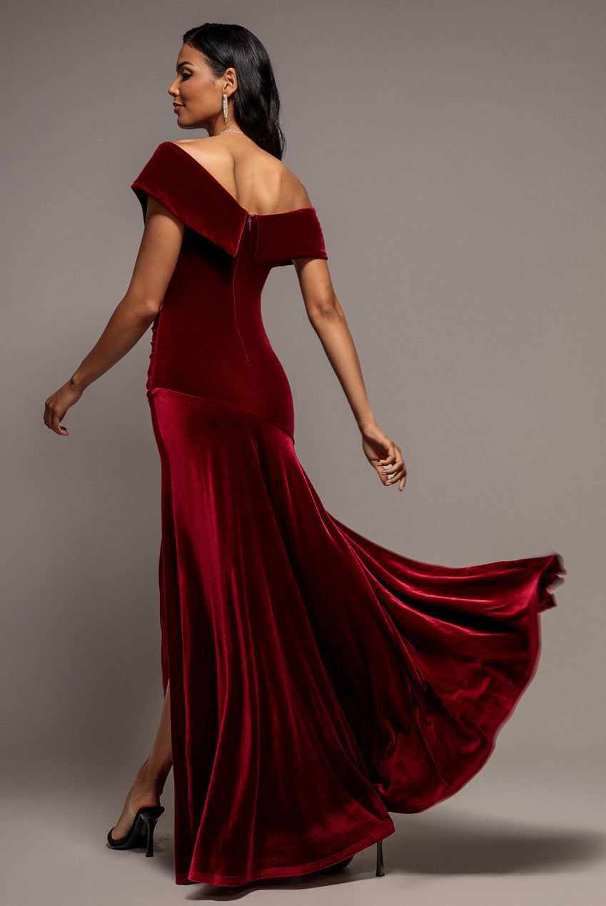 Velvet Off Shoulder  Pleated A Line Maxi Dress - Wine DR5187