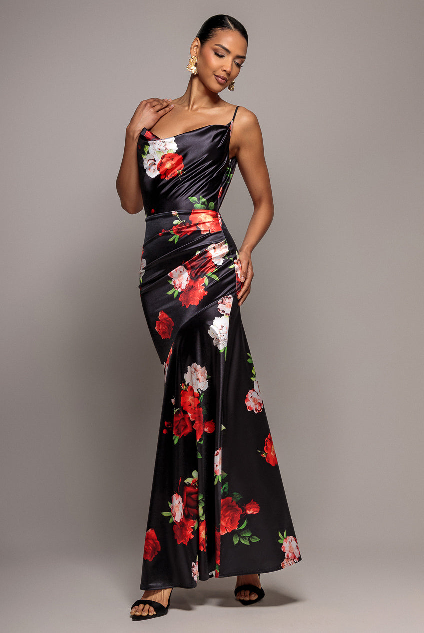 Floral Print Satin Cowl Neck Maxi Dress - Black DR5191