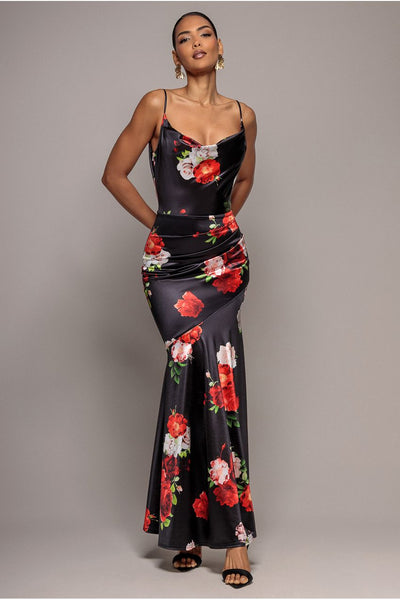 Floral Print Satin Cowl Neck Maxi Dress - Black by Goddiva