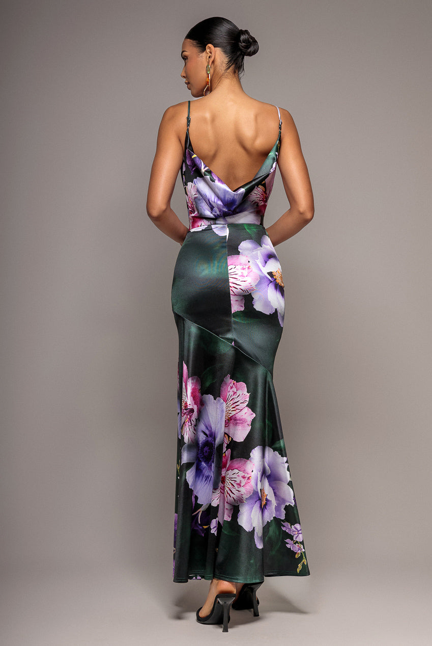 Floral Print Satin Cowl Neck Maxi Dress - Emerald Green DR5191