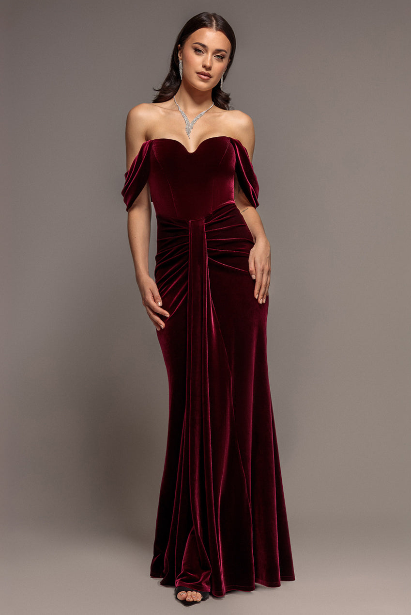 Off Shoulder Bardot Draped Velvet Maxi Dress - Burgundy DR5194