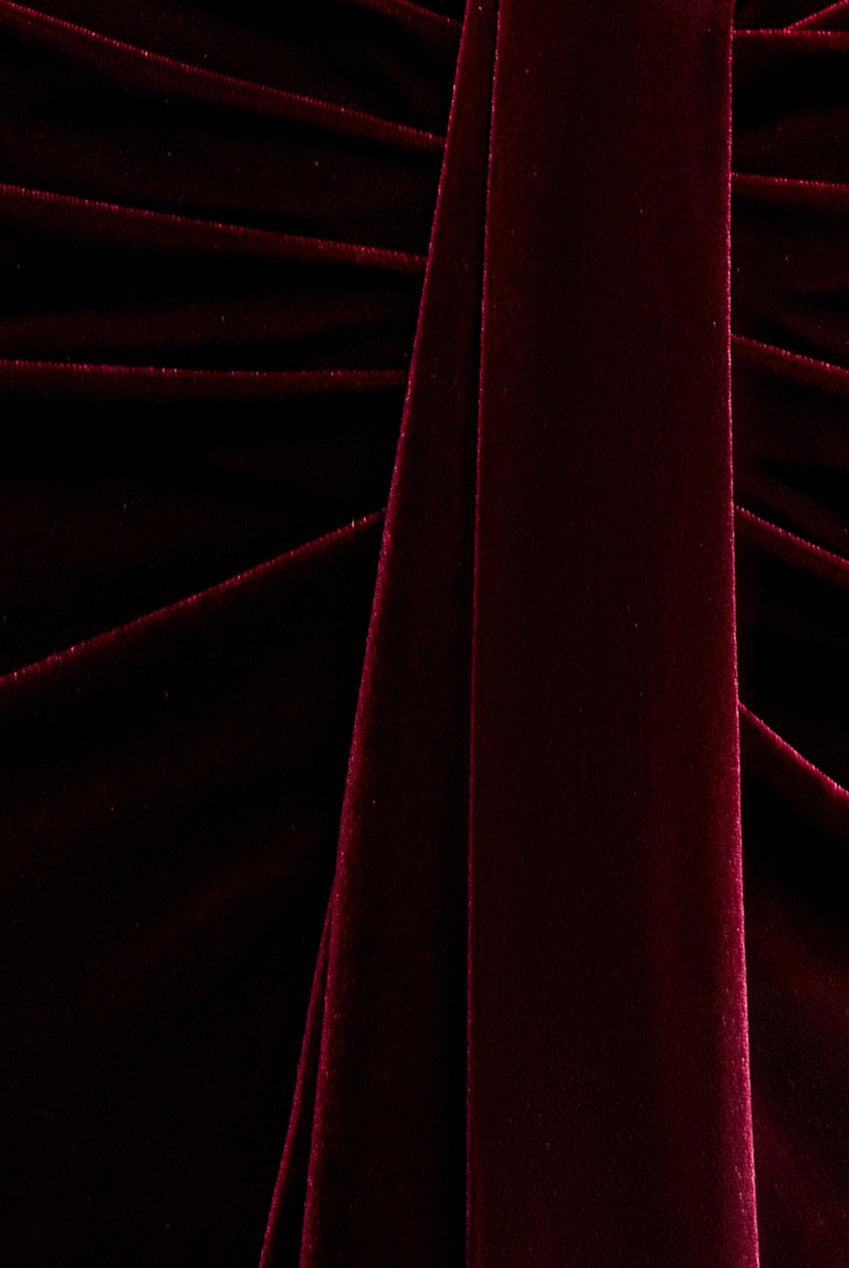 Off Shoulder Bardot Draped Velvet Maxi Dress - Burgundy DR5194