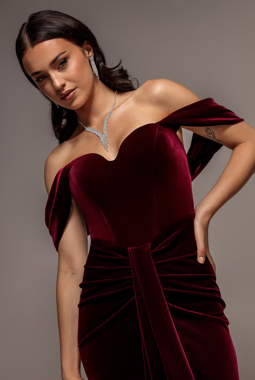 Off Shoulder Bardot Draped Velvet Maxi Dress - Burgundy DR5194